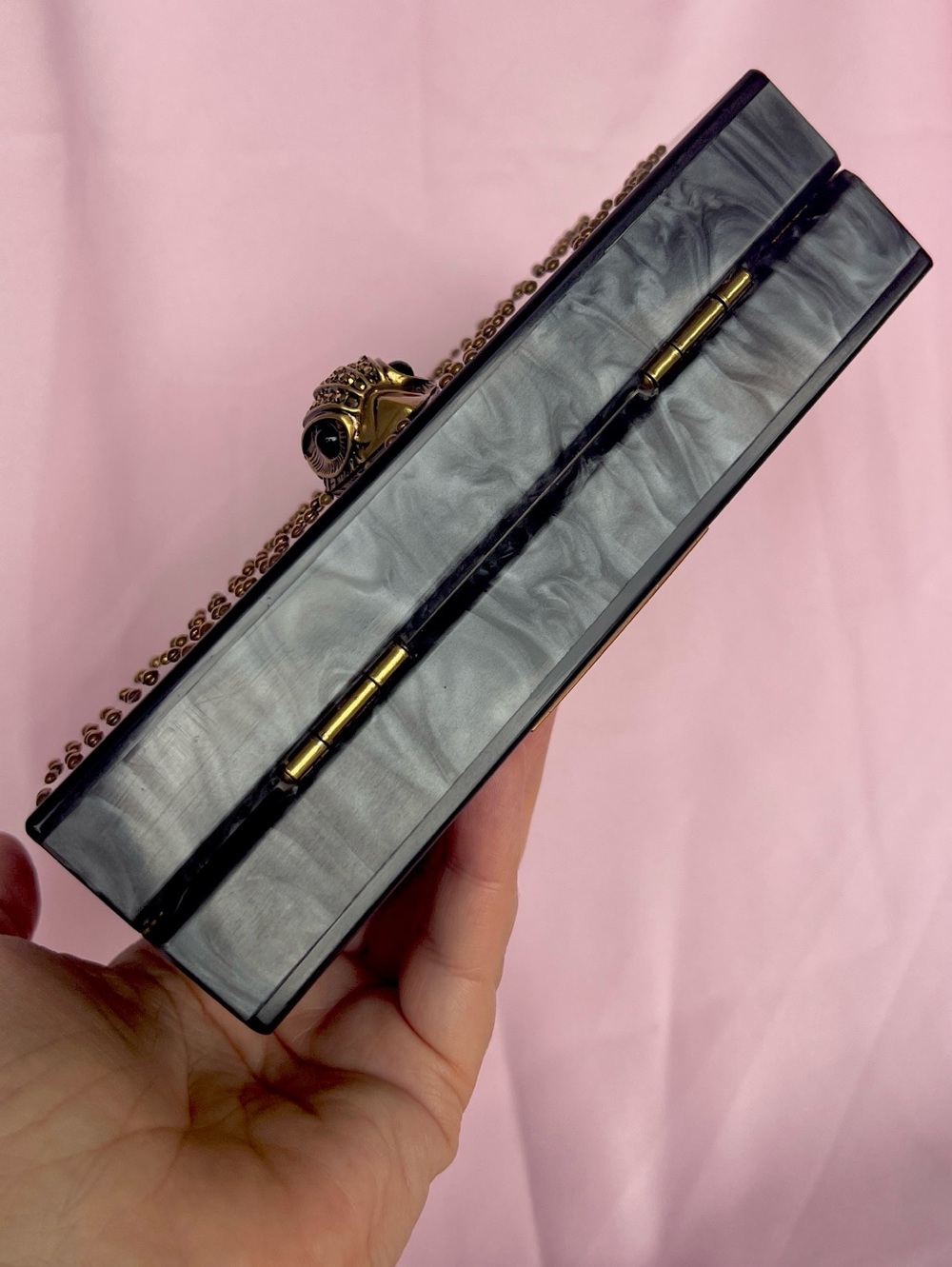Kurt Geiger Kensington safety pin box clutch on chain gray mother of pearl NWT - Picture 6 of 16